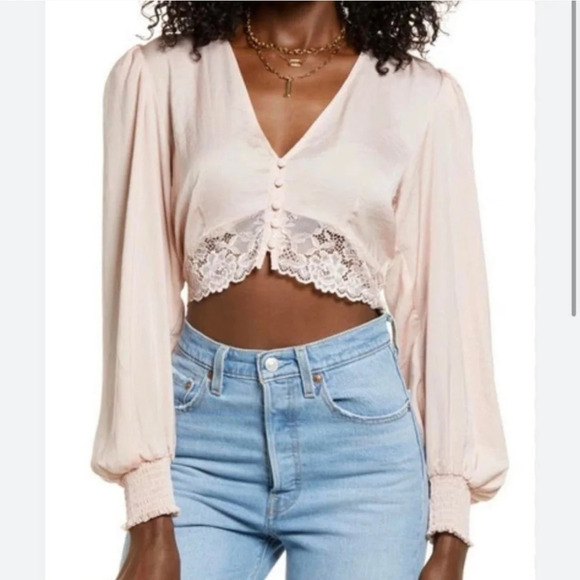 Open Edit Tops - Open Edit Blush Pink Long Sleeve Satin Crop Top Ruched Buttons Victorian Size M